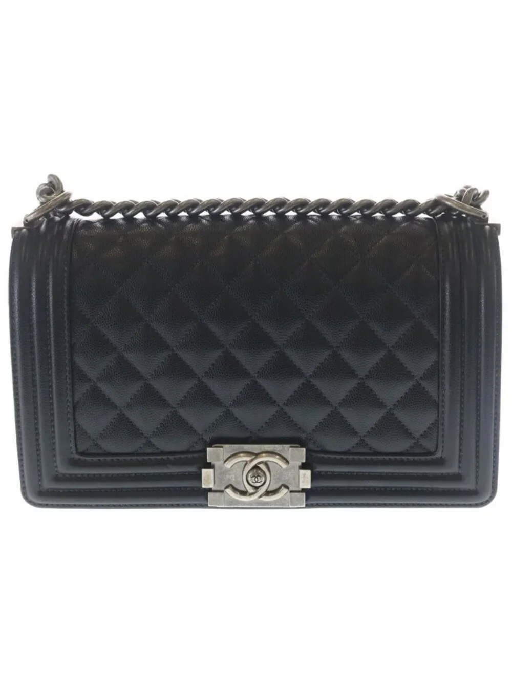 Chanel CC Logo Calfskin Leather Chain Shoulder Bag Silver Black